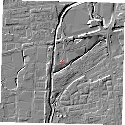 Shaded relief map of the ground around SW192RT, computed from Environment Agency LiDAR. The ground here sits at about 14 m above sea level and falls 6 m across the surrounding 800 m. Surface water reaching this point runs off ground lying to the north, 2.9 m higher.