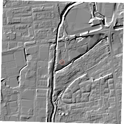 Shaded relief map of the ground around SW192RW, computed from Environment Agency LiDAR. The ground here sits at about 14 m above sea level and falls 6 m across the surrounding 800 m. Surface water reaching this point runs off ground lying to the west, 1.5 m higher.