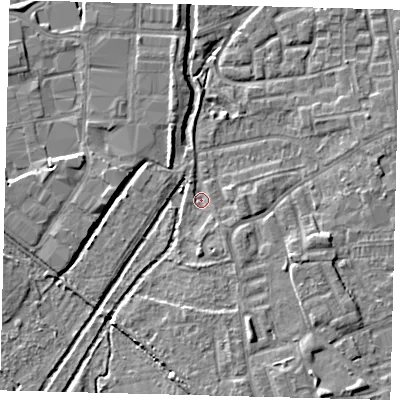 Shaded relief map of the ground around SW192ST, computed from Environment Agency LiDAR. The ground here sits at about 14 m above sea level and falls 7 m across the surrounding 800 m. Surface water reaching this point runs off ground lying to the south, 2.3 m higher.