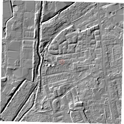 Shaded relief map of the ground around SW192TA, computed from Environment Agency LiDAR. The ground here sits at about 15 m above sea level and falls 7 m across the surrounding 800 m. Surface water reaching this point runs off ground lying to the west-north-west, 0.5 m higher.