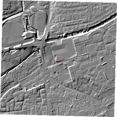 Shaded relief map of the ground around SW192TY, computed from Environment Agency LiDAR. The ground here sits at about 15 m above sea level and falls 7 m across the surrounding 800 m. The ground contributing surface water to this point lies to the east-south-east.