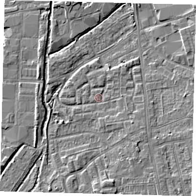 Shaded relief map of the ground around SW192UA, computed from Environment Agency LiDAR. The ground here sits at about 15 m above sea level and falls 7 m across the surrounding 800 m. Surface water reaching this point runs off ground lying to the south-east, 1.9 m higher.