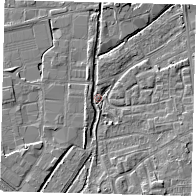 Shaded relief map of the ground around SW192UB, computed from Environment Agency LiDAR. The ground here sits at about 14 m above sea level and falls 7 m across the surrounding 800 m. Surface water reaching this point runs off ground lying to the south-south-east, 5.2 m higher.