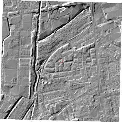Shaded relief map of the ground around SW192UJ, computed from Environment Agency LiDAR. The ground here sits at about 15 m above sea level and falls 6 m across the surrounding 800 m. Surface water reaching this point runs off ground lying to the east-north-east, 1.1 m higher.
