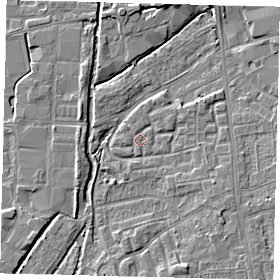 Shaded relief map of the ground around SW192UL, computed from Environment Agency LiDAR. The ground here sits at about 15 m above sea level and falls 6 m across the surrounding 800 m. Surface water reaching this point runs off ground lying to the east-north-east, 1.1 m higher.