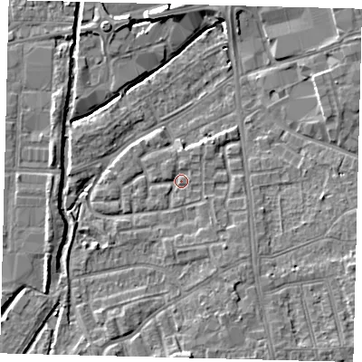 Shaded relief map of the ground around SW192UP, computed from Environment Agency LiDAR. The ground here sits at about 15 m above sea level and falls 7 m across the surrounding 800 m. Surface water reaching this point runs off ground lying to the north, 1.1 m higher.