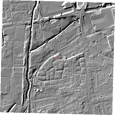 Shaded relief map of the ground around SW192UR, computed from Environment Agency LiDAR. The ground here sits at about 15 m above sea level and falls 6 m across the surrounding 800 m. Surface water reaching this point runs off ground lying to the south-east, 4.5 m higher.