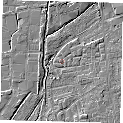 Shaded relief map of the ground around SW192UT, computed from Environment Agency LiDAR. The ground here sits at about 15 m above sea level and falls 6 m across the surrounding 800 m. Surface water reaching this point runs off ground lying to the west-north-west, 0.8 m higher.