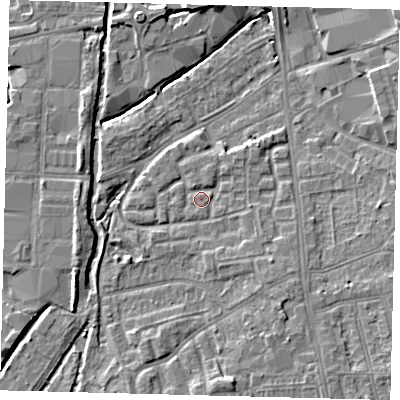 Shaded relief map of the ground around SW192UW, computed from Environment Agency LiDAR. The ground here sits at about 15 m above sea level and falls 6 m across the surrounding 800 m. Surface water reaching this point runs off ground lying to the north-east, 1.1 m higher.