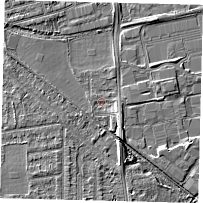 Shaded relief map of the ground around SW193BT, computed from Environment Agency LiDAR. The ground here sits at about 16 m above sea level and falls 6 m across the surrounding 800 m. Surface water reaching this point runs off ground lying to the east-south-east, 2.1 m higher.
