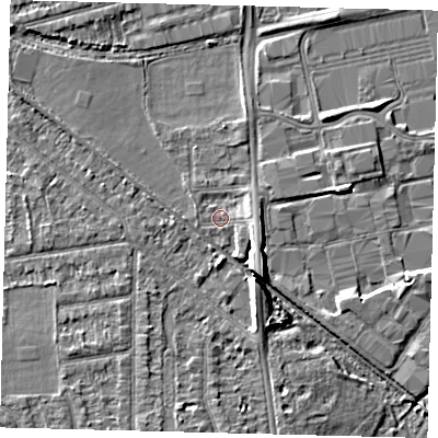 Shaded relief map of the ground around SW193BU, computed from Environment Agency LiDAR. The ground here sits at about 16 m above sea level and falls 6 m across the surrounding 800 m. Surface water reaching this point runs off ground lying to the east, 2.0 m higher.