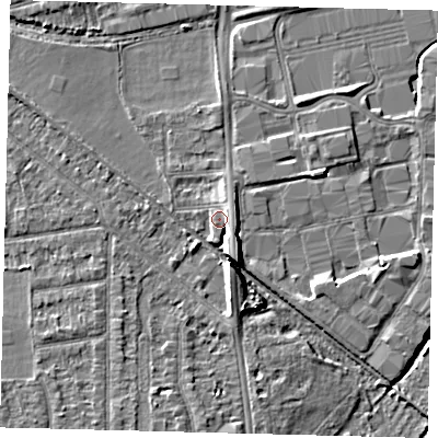 Shaded relief map of the ground around SW193BX, computed from Environment Agency LiDAR. The ground here sits at about 17 m above sea level and falls 7 m across the surrounding 800 m. Surface water reaching this point runs off ground lying to the east, 2.7 m higher.