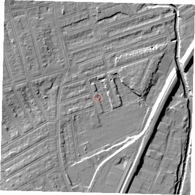 Shaded relief map of the ground around SW198EL, computed from Environment Agency LiDAR. The ground here sits at about 9 m above sea level and falls 12 m across the surrounding 800 m. Surface water reaching this point runs off ground lying to the west-south-west, 2.4 m higher.