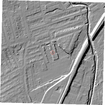 Shaded relief map of the ground around SW198EP, computed from Environment Agency LiDAR. The ground here sits at about 9 m above sea level and falls 12 m across the surrounding 800 m. Surface water reaching this point runs off ground lying to the south-west, 2.3 m higher.
