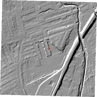 Shaded relief map of the ground around SW198ER, computed from Environment Agency LiDAR. The ground here sits at about 9 m above sea level and falls 11 m across the surrounding 800 m. Surface water reaching this point runs off ground lying to the south-west, 9.6 m higher.