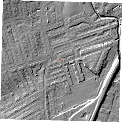 Shaded relief map of the ground around SW198ES, computed from Environment Agency LiDAR. The ground here sits at about 9 m above sea level and falls 11 m across the surrounding 800 m. Surface water reaching this point runs off ground lying to the south-south-west, 2.7 m higher.