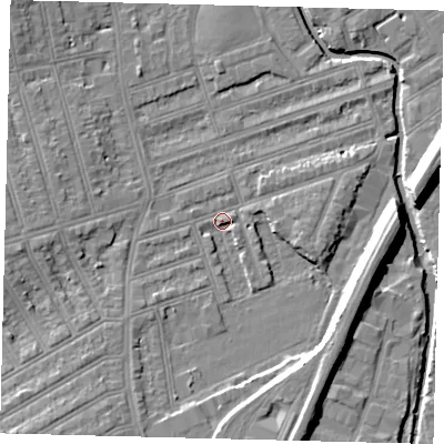 Shaded relief map of the ground around SW198EW, computed from Environment Agency LiDAR. The ground here sits at about 10 m above sea level and falls 11 m across the surrounding 800 m. Surface water reaching this point runs off ground lying to the south-west, 3.1 m higher.