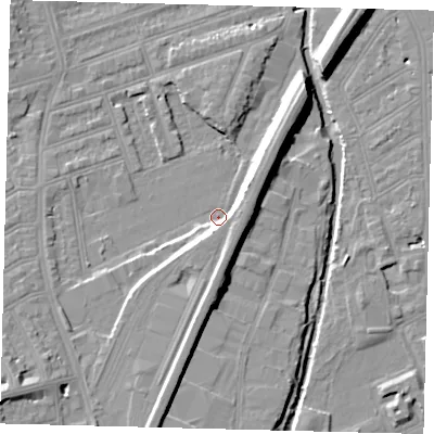 Shaded relief map of the ground around SW198EX, computed from Environment Agency LiDAR. The ground here sits at about 9 m above sea level and falls 14 m across the surrounding 800 m. Surface water reaching this point runs off ground lying to the east, 6.8 m higher.