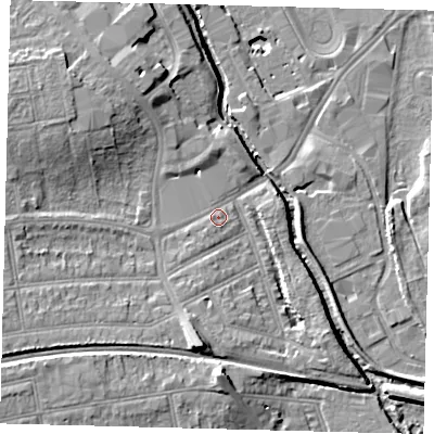Shaded relief map of the ground around SW198HA, computed from Environment Agency LiDAR. The ground here sits at about 13 m above sea level and falls 13 m across the surrounding 800 m. Surface water reaching this point runs off ground lying to the south, 7.2 m higher.