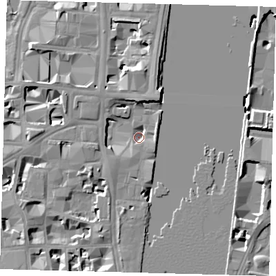 Shaded relief map of the ground around SW1A0PW, computed from Environment Agency LiDAR. The ground here sits at about 2 m above sea level and falls 11 m across the surrounding 800 m. Surface water reaching this point runs off ground lying to the east-north-east, 3.6 m higher.