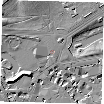 Shaded relief map of the ground around SW1A1AA, computed from Environment Agency LiDAR. The ground here sits at about 6 m above sea level and falls 19 m across the surrounding 800 m. Surface water reaching this point runs off ground lying to the west, 4.8 m higher.