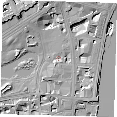 Shaded relief map of the ground around SW1A2AA, computed from Environment Agency LiDAR. The ground here sits at about 3 m above sea level and falls 22 m across the surrounding 800 m. Surface water reaching this point runs off ground lying to the south-south-east, 3.9 m higher.
