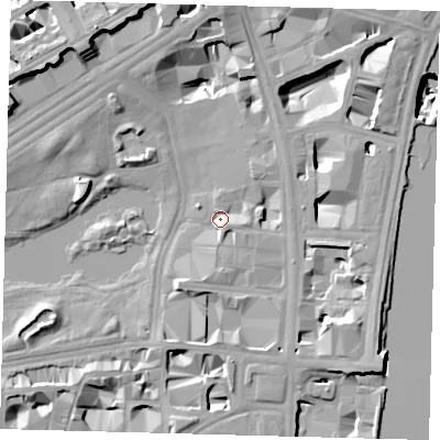 Shaded relief map of the ground around SW1A2AD, computed from Environment Agency LiDAR. The ground here sits at about 3 m above sea level and falls 22 m across the surrounding 800 m. Surface water reaching this point runs off ground lying to the south-south-east, 3.9 m higher.