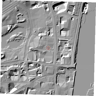 Shaded relief map of the ground around SW1A2AE, computed from Environment Agency LiDAR. The ground here sits at about 5 m above sea level and falls 22 m across the surrounding 800 m. Surface water reaching this point runs off ground lying to the west-north-west, 1.3 m higher.