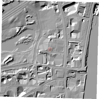 Shaded relief map of the ground around SW1A2AH, computed from Environment Agency LiDAR. The ground here sits at about 5 m above sea level and falls 22 m across the surrounding 800 m. Surface water reaching this point runs off ground lying to the west-south-west, 1.3 m higher.