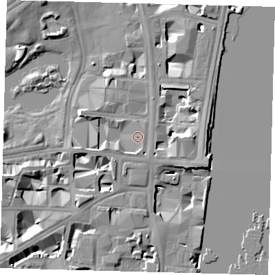 Shaded relief map of the ground around SW1A2AP, computed from Environment Agency LiDAR. The ground here sits at about 5 m above sea level and falls 11 m across the surrounding 800 m. Surface water reaching this point runs off ground lying to the east-north-east, 1.2 m higher.