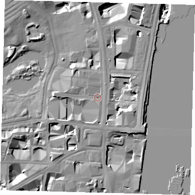 Shaded relief map of the ground around SW1A2AQ, computed from Environment Agency LiDAR. The ground here sits at about 4 m above sea level and falls 19 m across the surrounding 800 m. Surface water reaching this point runs off ground lying to the south, 2.3 m higher.