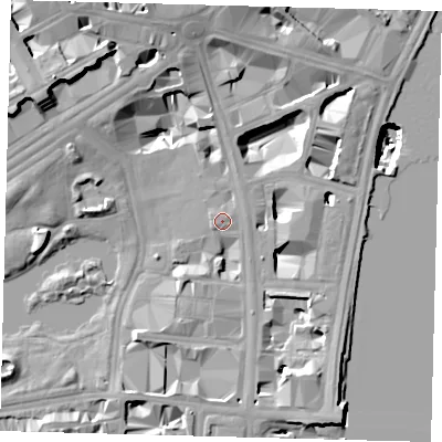 Shaded relief map of the ground around SW1A2AU, computed from Environment Agency LiDAR. The ground here sits at about 5 m above sea level and falls 22 m across the surrounding 800 m. Surface water reaching this point runs off ground lying to the east, 0.9 m higher.