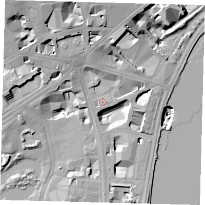 Shaded relief map of the ground around SW1A2AW, computed from Environment Agency LiDAR. The ground here sits at about 5 m above sea level and falls 27 m across the surrounding 800 m. Surface water reaching this point runs off ground lying to the north-north-west, 5.0 m higher.