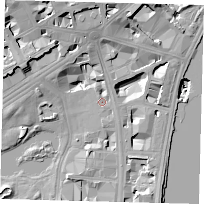 Shaded relief map of the ground around SW1A2AX, computed from Environment Agency LiDAR. The ground here sits at about 4 m above sea level and falls 24 m across the surrounding 800 m. Surface water reaching this point runs off ground lying to the north-north-west, 2.5 m higher.