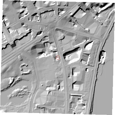 Shaded relief map of the ground around SW1A2AY, computed from Environment Agency LiDAR. The ground here sits at about 3 m above sea level and falls 25 m across the surrounding 800 m. Surface water reaching this point runs off ground lying to the north-north-west, 4.4 m higher.