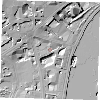 Shaded relief map of the ground around SW1A2BD, computed from Environment Agency LiDAR. The ground here sits at about 4 m above sea level and falls 28 m across the surrounding 800 m. Surface water reaching this point runs off ground lying to the north-west, 5.0 m higher.