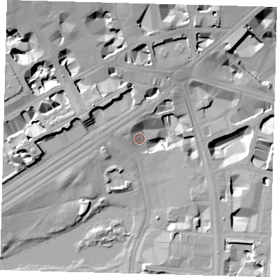 Shaded relief map of the ground around SW1A2BE, computed from Environment Agency LiDAR. The ground here sits at about 4 m above sea level and falls 21 m across the surrounding 800 m. Surface water reaching this point runs off ground lying to the north-north-west, 6.4 m higher.