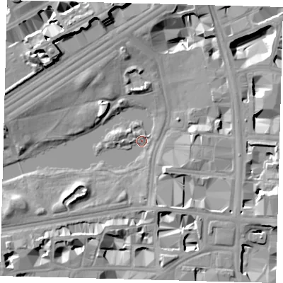 Shaded relief map of the ground around SW1A2BJ, computed from Environment Agency LiDAR. The ground here sits at about 2 m above sea level and falls 15 m across the surrounding 800 m. Surface water reaching this point runs off ground lying to the east-south-east, 11.5 m higher.