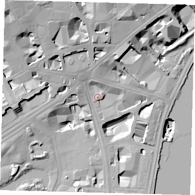 Shaded relief map of the ground around SW1A2BS, computed from Environment Agency LiDAR. The ground here sits at about 6 m above sea level and falls 30 m across the surrounding 800 m. Surface water reaching this point runs off ground lying to the east, 2.3 m higher.
