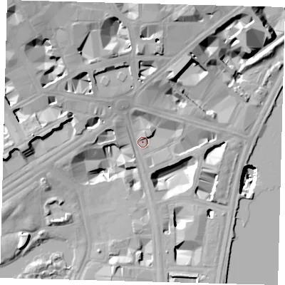 Shaded relief map of the ground around SW1A2BX, computed from Environment Agency LiDAR. The ground here sits at about 5 m above sea level and falls 29 m across the surrounding 800 m. Surface water reaching this point runs off ground lying to the north-west, 14.5 m higher.