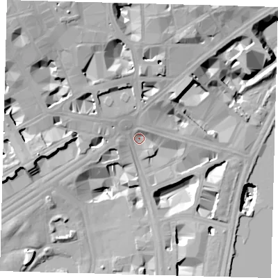 Shaded relief map of the ground around SW1A2DD, computed from Environment Agency LiDAR. The ground here sits at about 5 m above sea level and falls 30 m across the surrounding 800 m. Surface water reaching this point runs off ground lying to the north-north-west, 17.0 m higher.