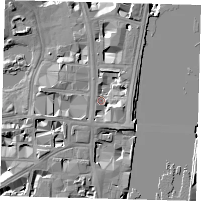 Shaded relief map of the ground around SW1A2DG, computed from Environment Agency LiDAR. The ground here sits at about 4 m above sea level and falls 15 m across the surrounding 800 m. Surface water reaching this point runs off ground lying to the south-east, 7.0 m higher.