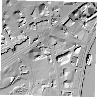 Shaded relief map of the ground around SW1A2EG, computed from Environment Agency LiDAR. The ground here sits at about 5 m above sea level and falls 29 m across the surrounding 800 m. Surface water reaching this point runs off ground lying to the north-west, 13.9 m higher.