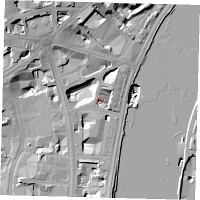 Shaded relief map of the ground around SW1A2EP, computed from Environment Agency LiDAR. The ground here sits at about 4 m above sea level and falls 25 m across the surrounding 800 m. Surface water reaching this point runs off ground lying to the north, 2.6 m higher.