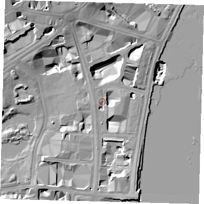 Shaded relief map of the ground around SW1A2ET, computed from Environment Agency LiDAR. The ground here sits at about 4 m above sea level and falls 22 m across the surrounding 800 m. Surface water reaching this point runs off ground lying to the south, 10.0 m higher.