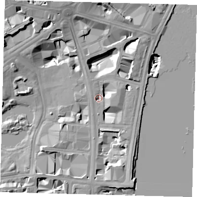 Shaded relief map of the ground around SW1A2EX, computed from Environment Agency LiDAR. The ground here sits at about 3 m above sea level and falls 22 m across the surrounding 800 m. Surface water reaching this point runs off ground lying to the south, 10.0 m higher.