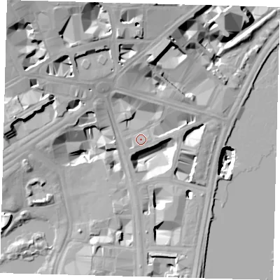 Shaded relief map of the ground around SW1A2EY, computed from Environment Agency LiDAR. The ground here sits at about 5 m above sea level and falls 27 m across the surrounding 800 m. Surface water reaching this point runs off ground lying to the north-north-west, 5.0 m higher.