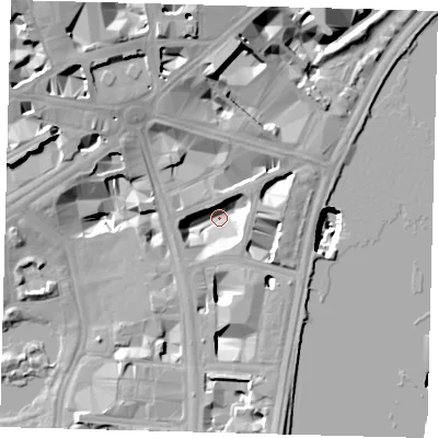 Shaded relief map of the ground around SW1A2HB, computed from Environment Agency LiDAR. The ground here sits at about -1 m above sea level and falls 25 m across the surrounding 800 m. Surface water reaching this point runs off ground lying to the north-west, 17.0 m higher.