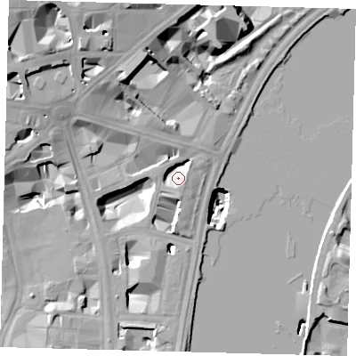 Shaded relief map of the ground around SW1A2HD, computed from Environment Agency LiDAR. The ground here sits at about 4 m above sea level and falls 27 m across the surrounding 800 m. Surface water reaching this point runs off ground lying to the north-west, 4.9 m higher.