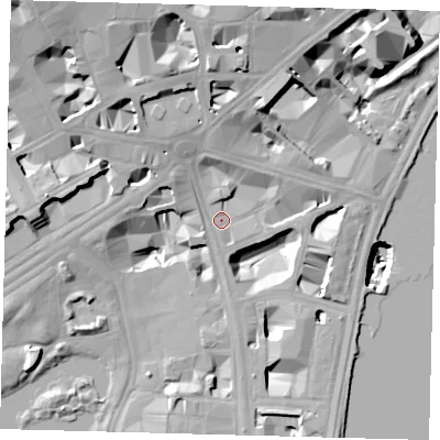 Shaded relief map of the ground around SW1A2HP, computed from Environment Agency LiDAR. The ground here sits at about 4 m above sea level and falls 29 m across the surrounding 800 m. Surface water reaching this point runs off ground lying to the north-west, 15.6 m higher.